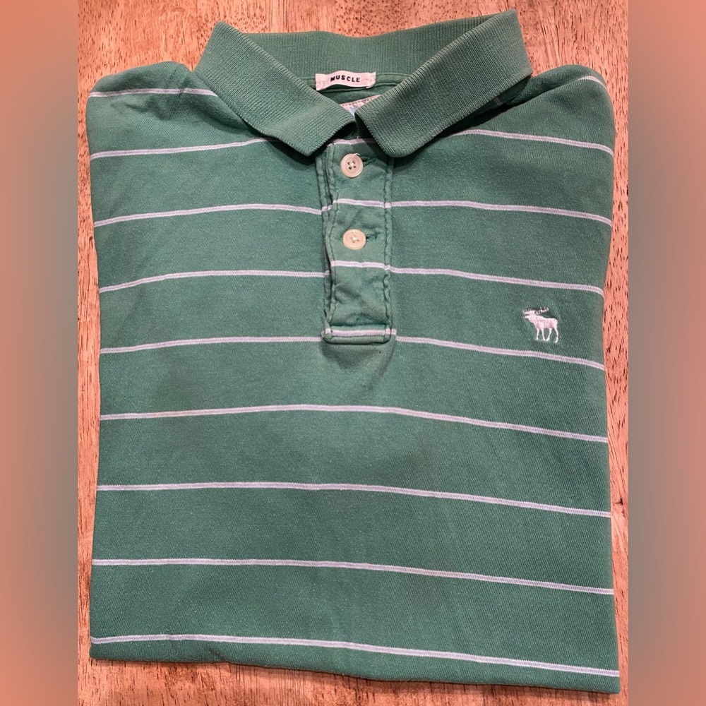 Abercrombie Muscle Boy’s Size Large Green 100% Cotton Striped Short Sleeve‎ Polo